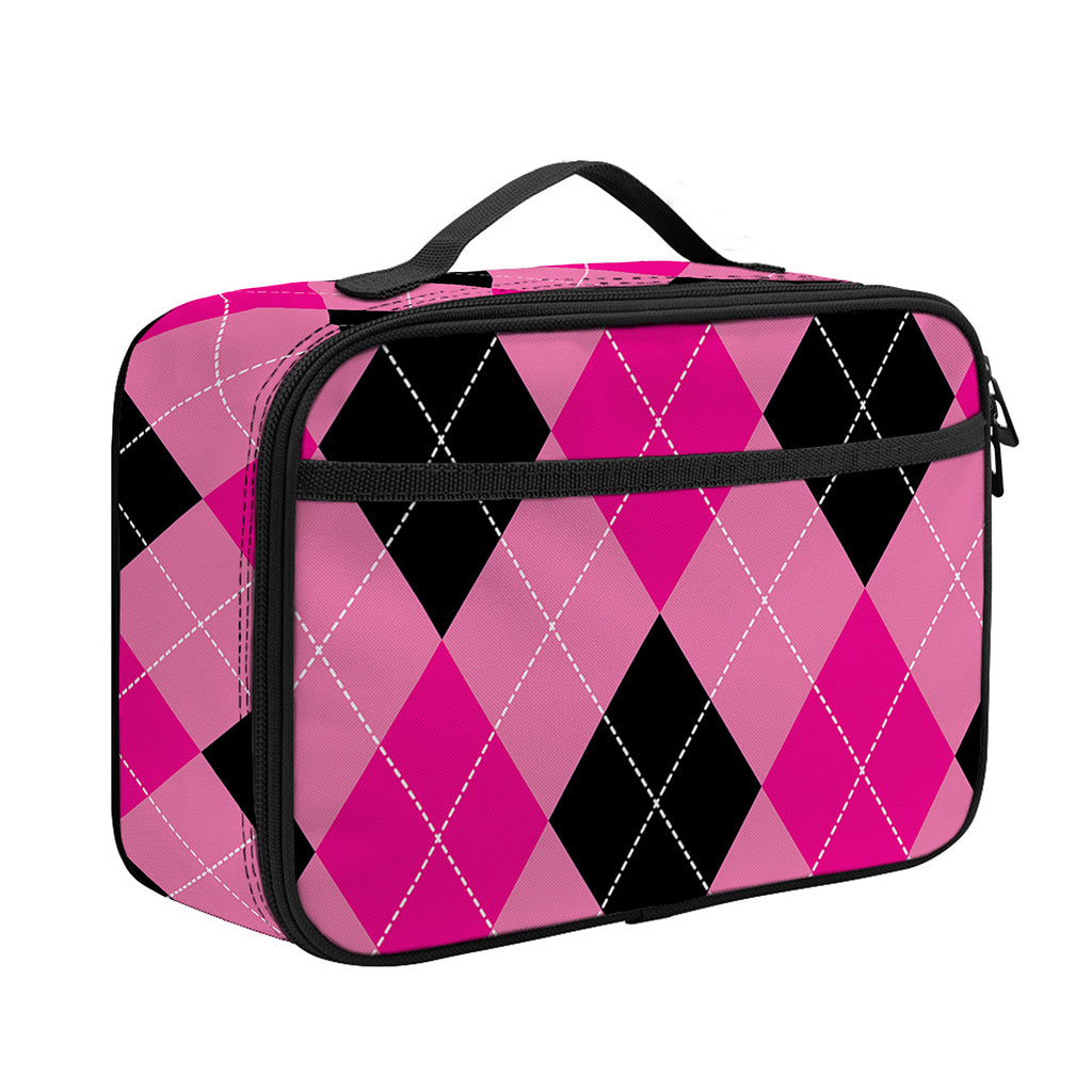 Pink And Black Argyle Pattern Print Portable Lunch Bag