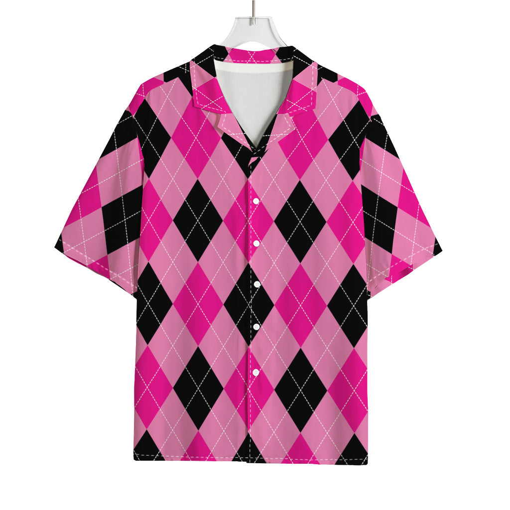 Pink And Black Argyle Pattern Print Rayon Hawaiian Shirt