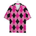 Pink And Black Argyle Pattern Print Rayon Hawaiian Shirt