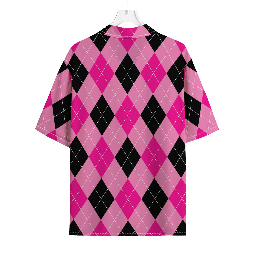 Pink And Black Argyle Pattern Print Rayon Hawaiian Shirt