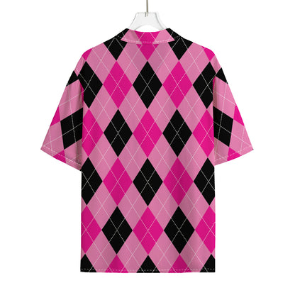 Pink And Black Argyle Pattern Print Rayon Hawaiian Shirt