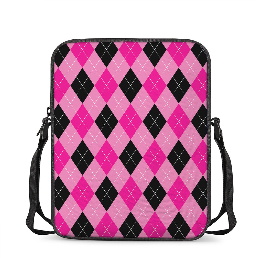 Pink And Black Argyle Pattern Print Rectangular Crossbody Bag