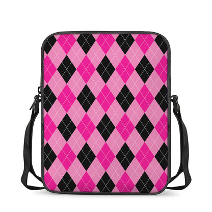 Pink And Black Argyle Pattern Print Rectangular Crossbody Bag