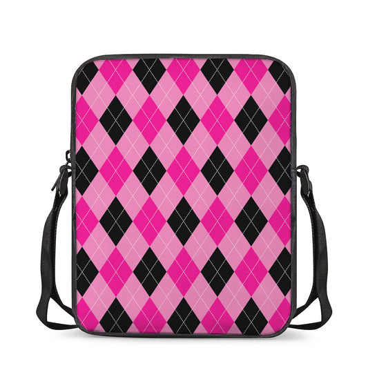 Pink And Black Argyle Pattern Print Rectangular Crossbody Bag