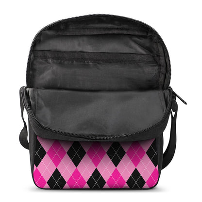 Pink And Black Argyle Pattern Print Rectangular Crossbody Bag