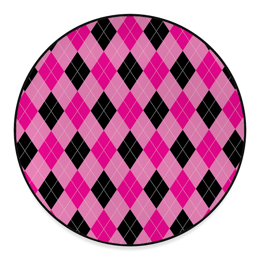 Pink And Black Argyle Pattern Print Round Floor Mat