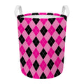 Pink And Black Argyle Pattern Print Round Laundry Basket
