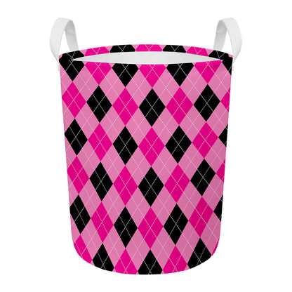 Pink And Black Argyle Pattern Print Round Laundry Basket