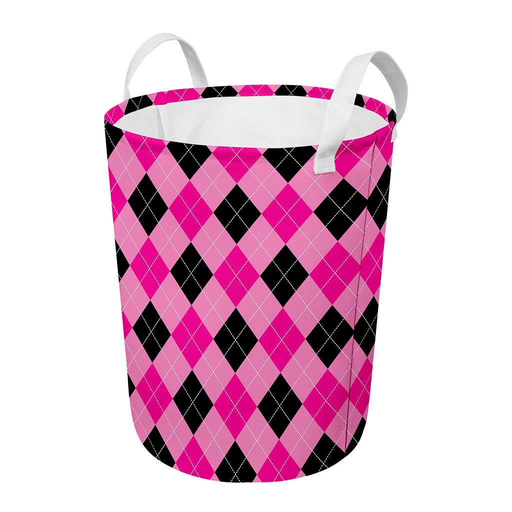 Pink And Black Argyle Pattern Print Round Laundry Basket