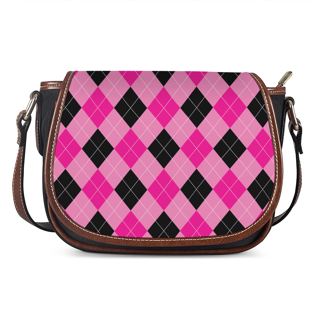 Pink And Black Argyle Pattern Print Saddle Bag