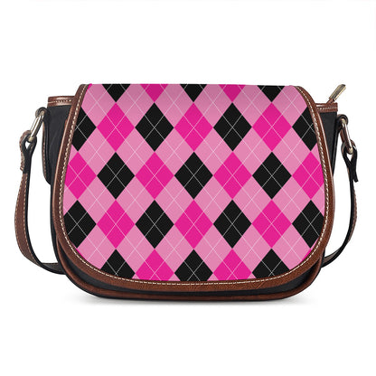 Pink And Black Argyle Pattern Print Saddle Bag