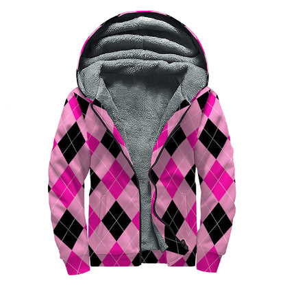 Pink And Black Argyle Pattern Print Sherpa Lined Zip Up Hoodie