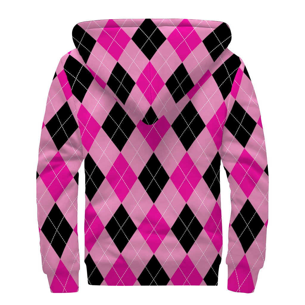 Pink And Black Argyle Pattern Print Sherpa Lined Zip Up Hoodie