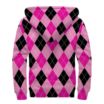Pink And Black Argyle Pattern Print Sherpa Lined Zip Up Hoodie