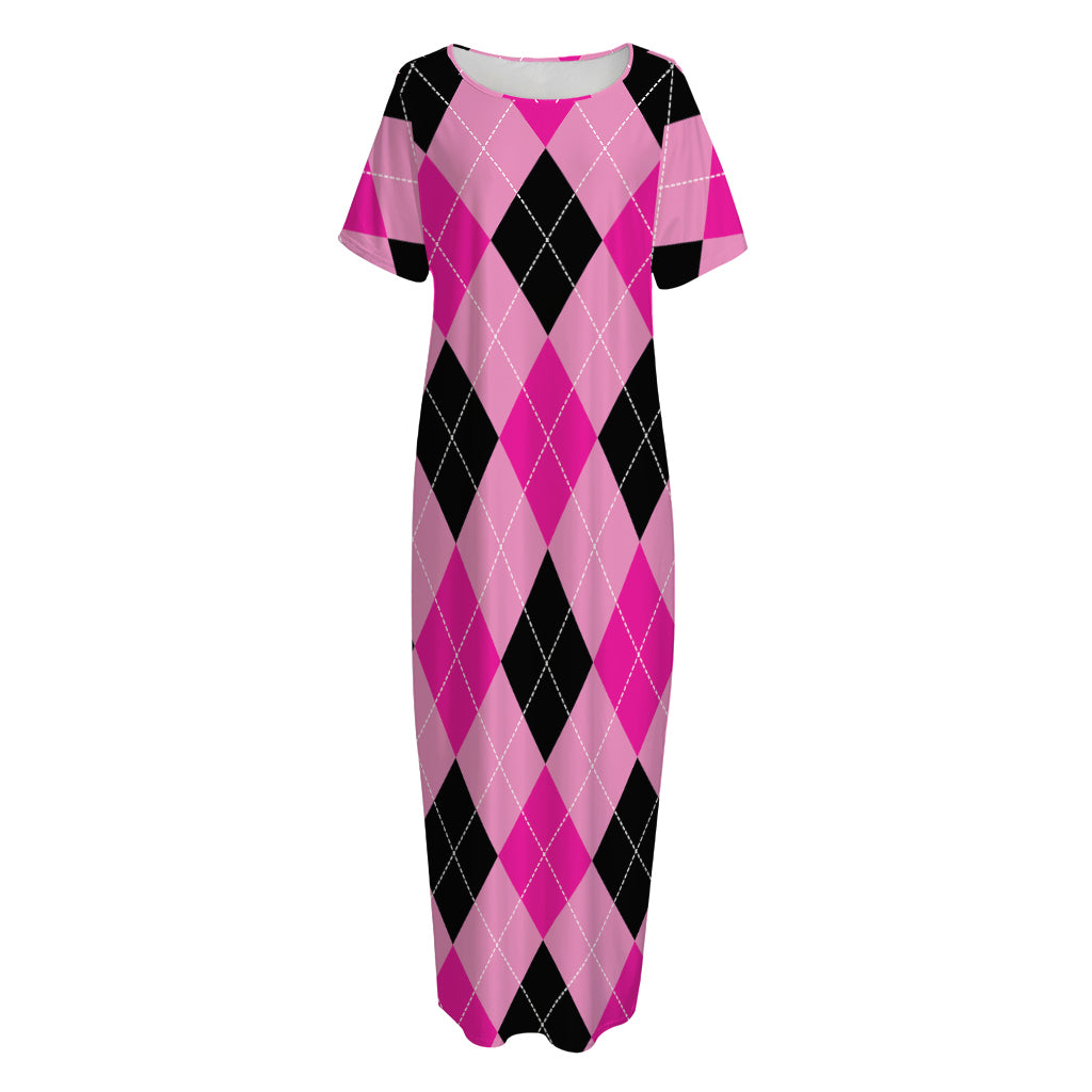 Pink And Black Argyle Pattern Print Short Sleeve Long Nightdress