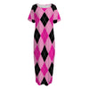 Pink And Black Argyle Pattern Print Short Sleeve Long Nightdress