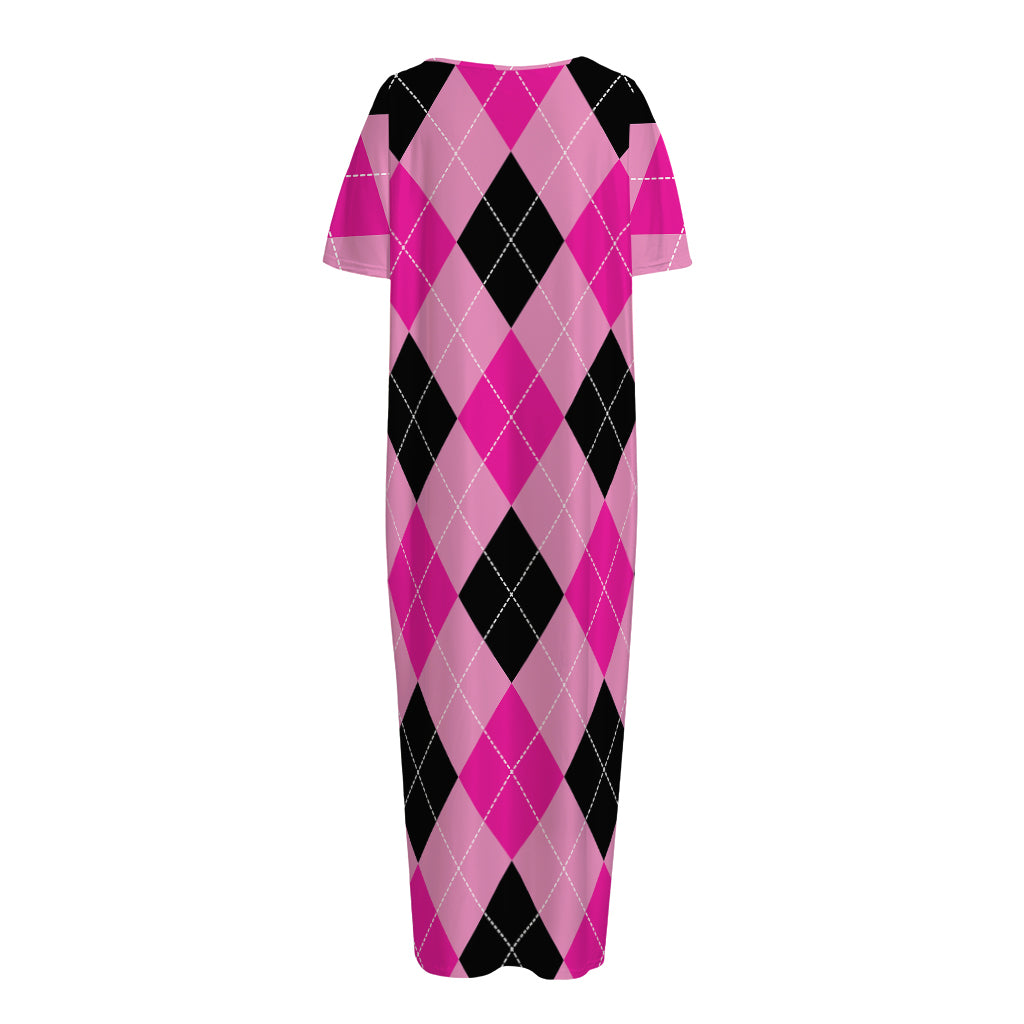 Pink And Black Argyle Pattern Print Short Sleeve Long Nightdress