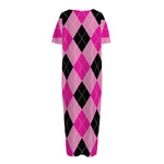 Pink And Black Argyle Pattern Print Short Sleeve Long Nightdress