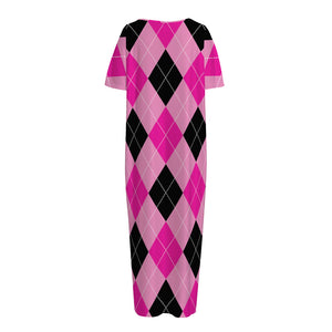 Pink And Black Argyle Pattern Print Short Sleeve Long Nightdress