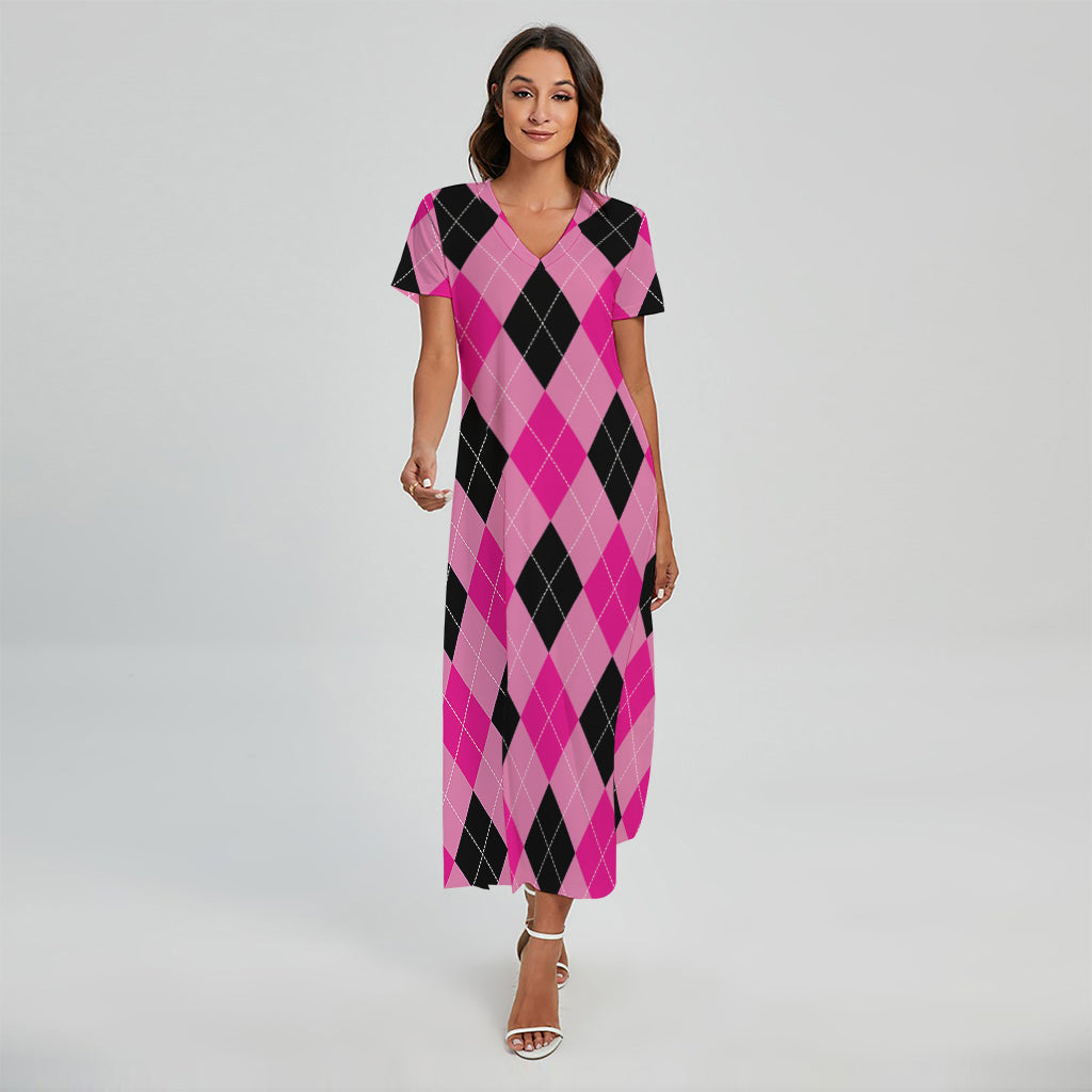 Pink And Black Argyle Pattern Print Short Sleeve Maxi Dress