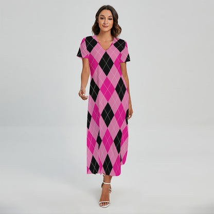 Pink And Black Argyle Pattern Print Short Sleeve Maxi Dress