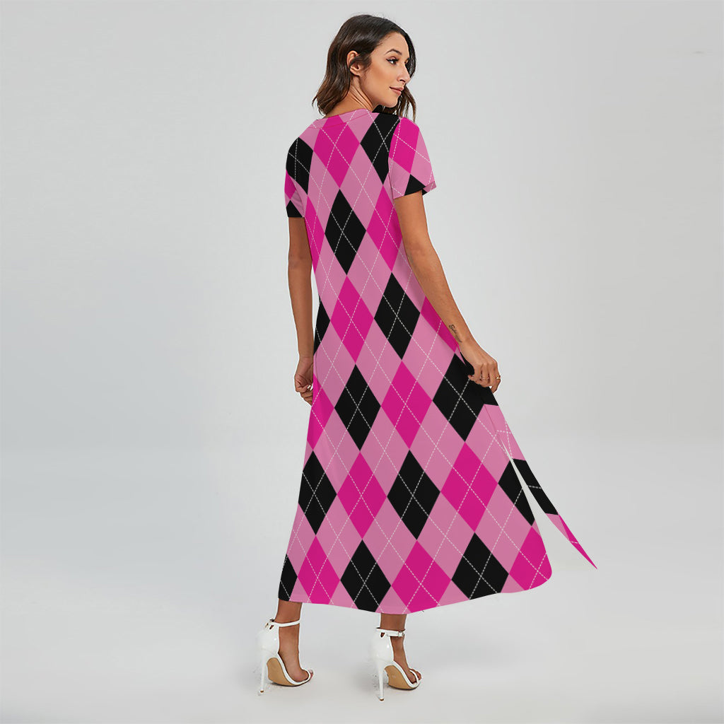 open lace back dress Pink and Black Argyle Pattern Print Short Sleeve Maxi Dress