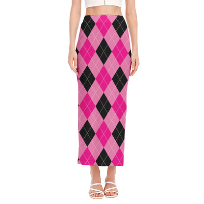 Pink And Black Argyle Pattern Print Side Slit Maxi Skirt