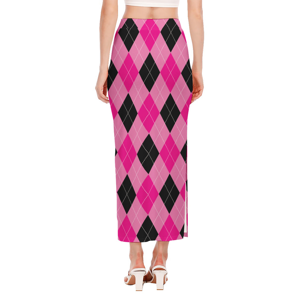 Pink And Black Argyle Pattern Print Side Slit Maxi Skirt