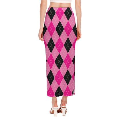 Pink And Black Argyle Pattern Print Side Slit Maxi Skirt