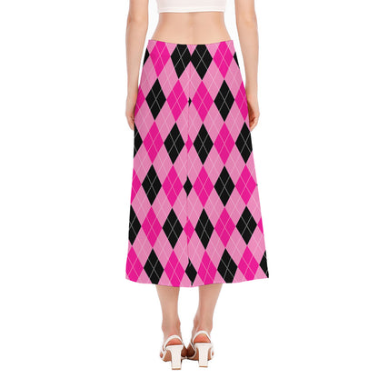Pink And Black Argyle Pattern Print Side Slit Midi Skirt