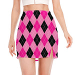 Pink And Black Argyle Pattern Print Side Slit Mini Skirt