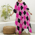Pink And Black Argyle Pattern Print Silk V-Neck Kaftan Dress