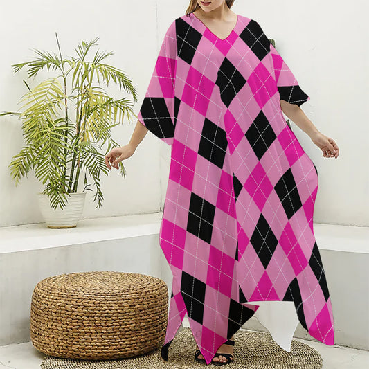 Pink And Black Argyle Pattern Print Silk V-Neck Kaftan Dress