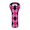 Pink And Black Argyle Pattern Print Single Neoprene Wine Tote