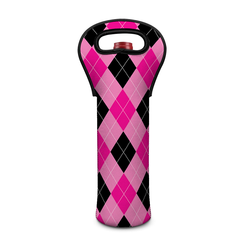 Pink And Black Argyle Pattern Print Single Neoprene Wine Tote