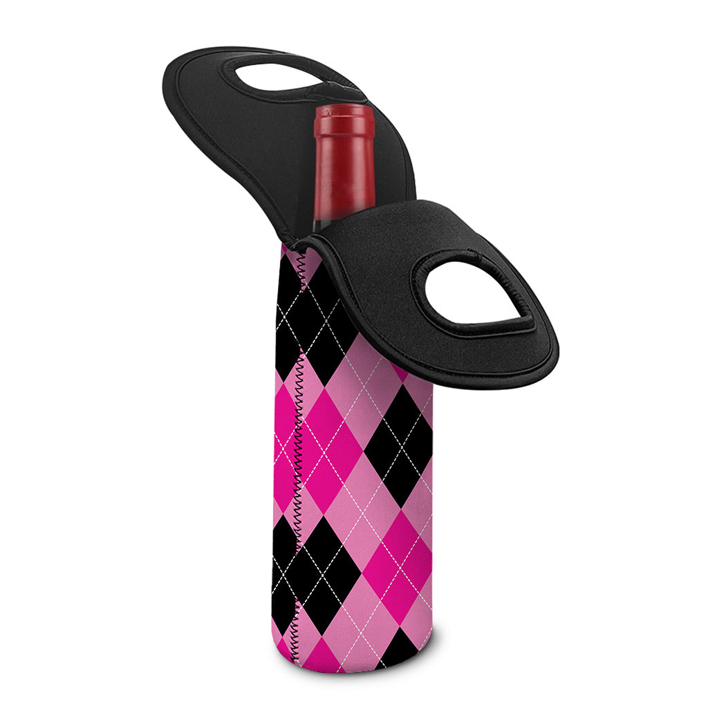 Pink And Black Argyle Pattern Print Single Neoprene Wine Tote