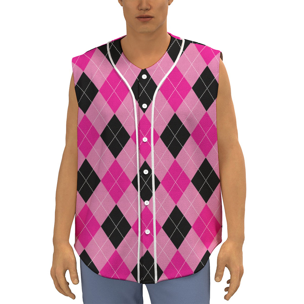 Pink And Black Argyle Pattern Print Sleeveless Baseball Jersey