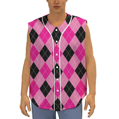 Pink And Black Argyle Pattern Print Sleeveless Baseball Jersey