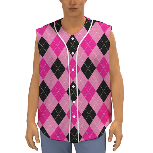 Pink And Black Argyle Pattern Print Sleeveless Baseball Jersey