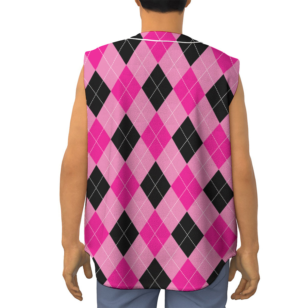 Pink And Black Argyle Pattern Print Sleeveless Baseball Jersey