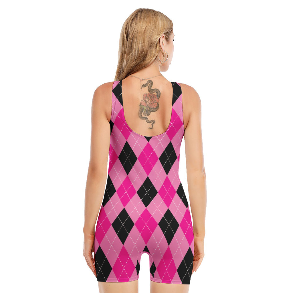 Pink And Black Argyle Pattern Print Sleeveless One Piece Swimsuit