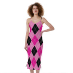 Pink And Black Argyle Pattern Print Slim Fit Midi Cami Dress
