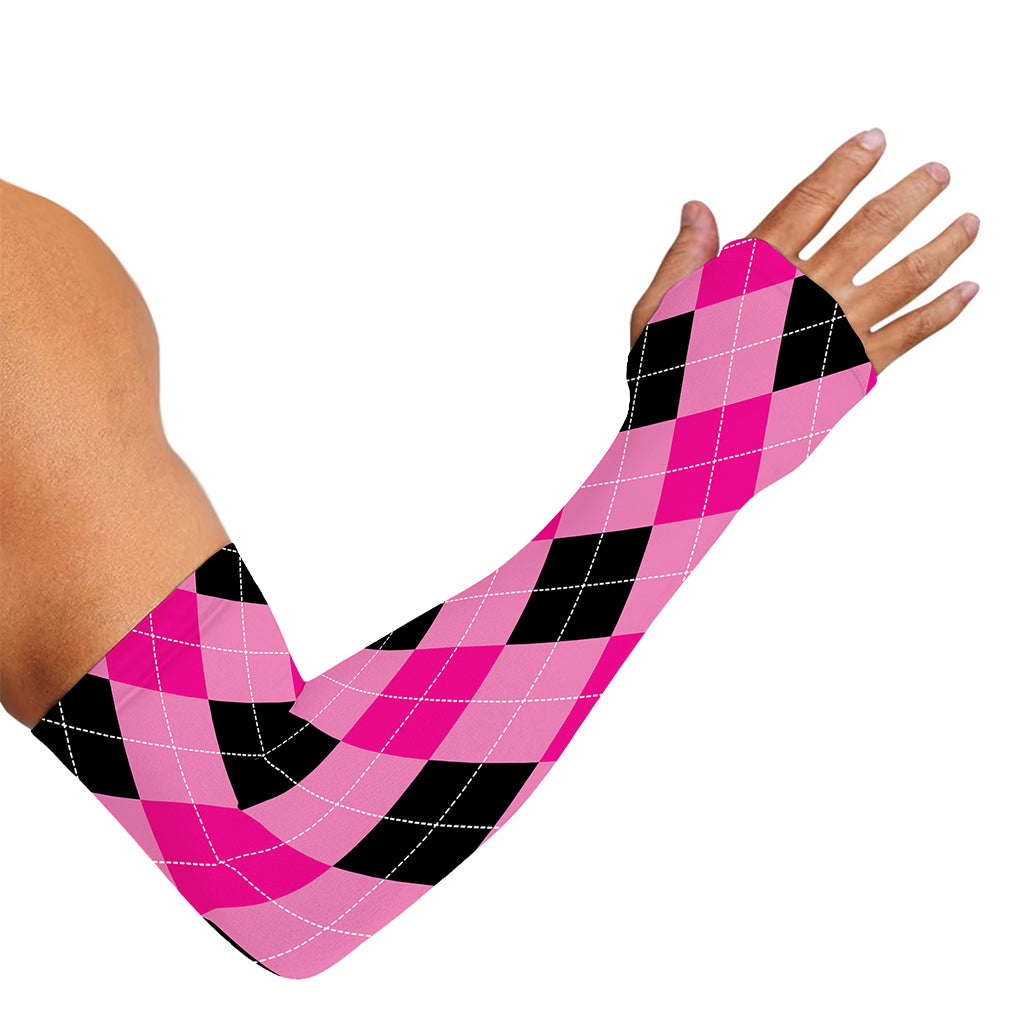 Pink And Black Argyle Pattern Print Sun Protection Arm Sleeves