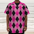 Pink And Black Argyle Pattern Print Textured Short Sleeve Shirt
