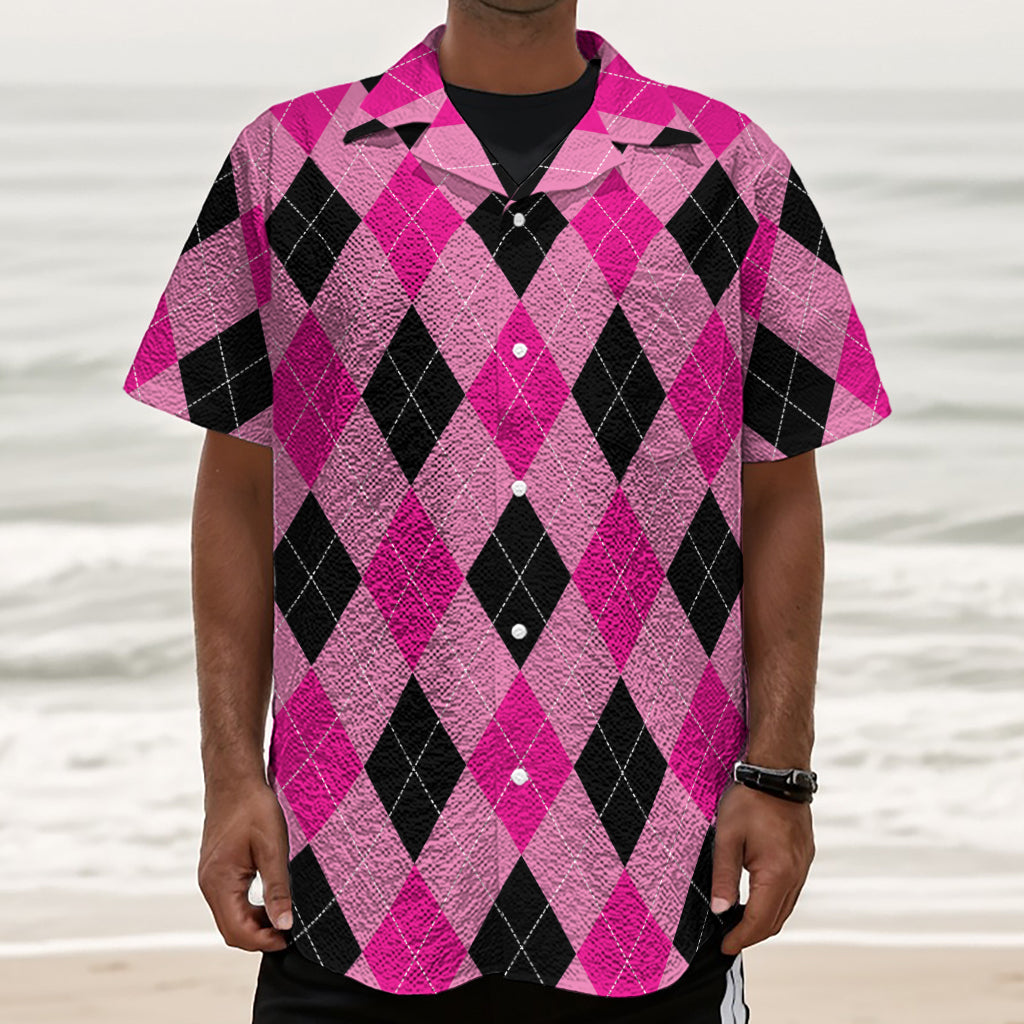 Pink And Black Argyle Pattern Print Textured Short Sleeve Shirt