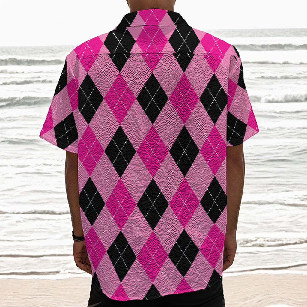 Pink And Black Argyle Pattern Print Textured Short Sleeve Shirt