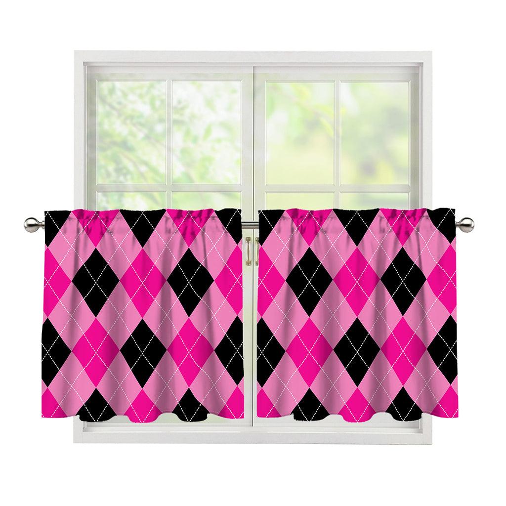 Pink And Black Argyle Pattern Print Tier Curtains