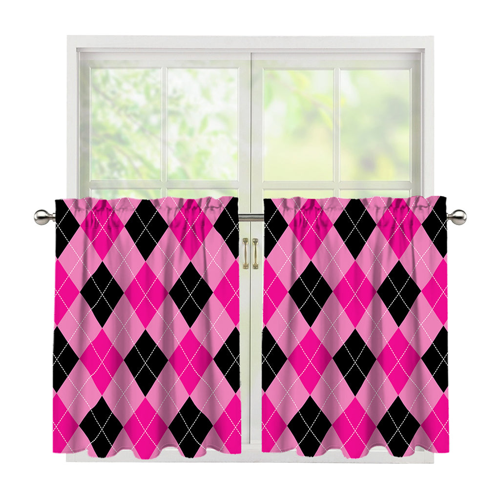 Pink And Black Argyle Pattern Print Tier Curtains