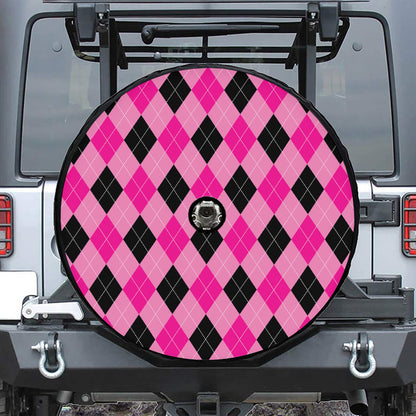 Pink And Black Argyle Pattern Print Tire Cover With Camera Hole