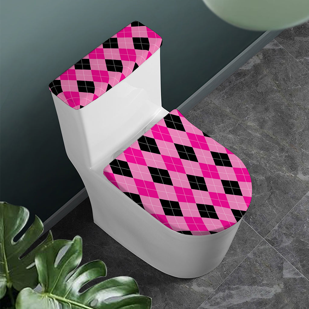 Pink And Black Argyle Pattern Print Toilet Lid And Tank Cover Set